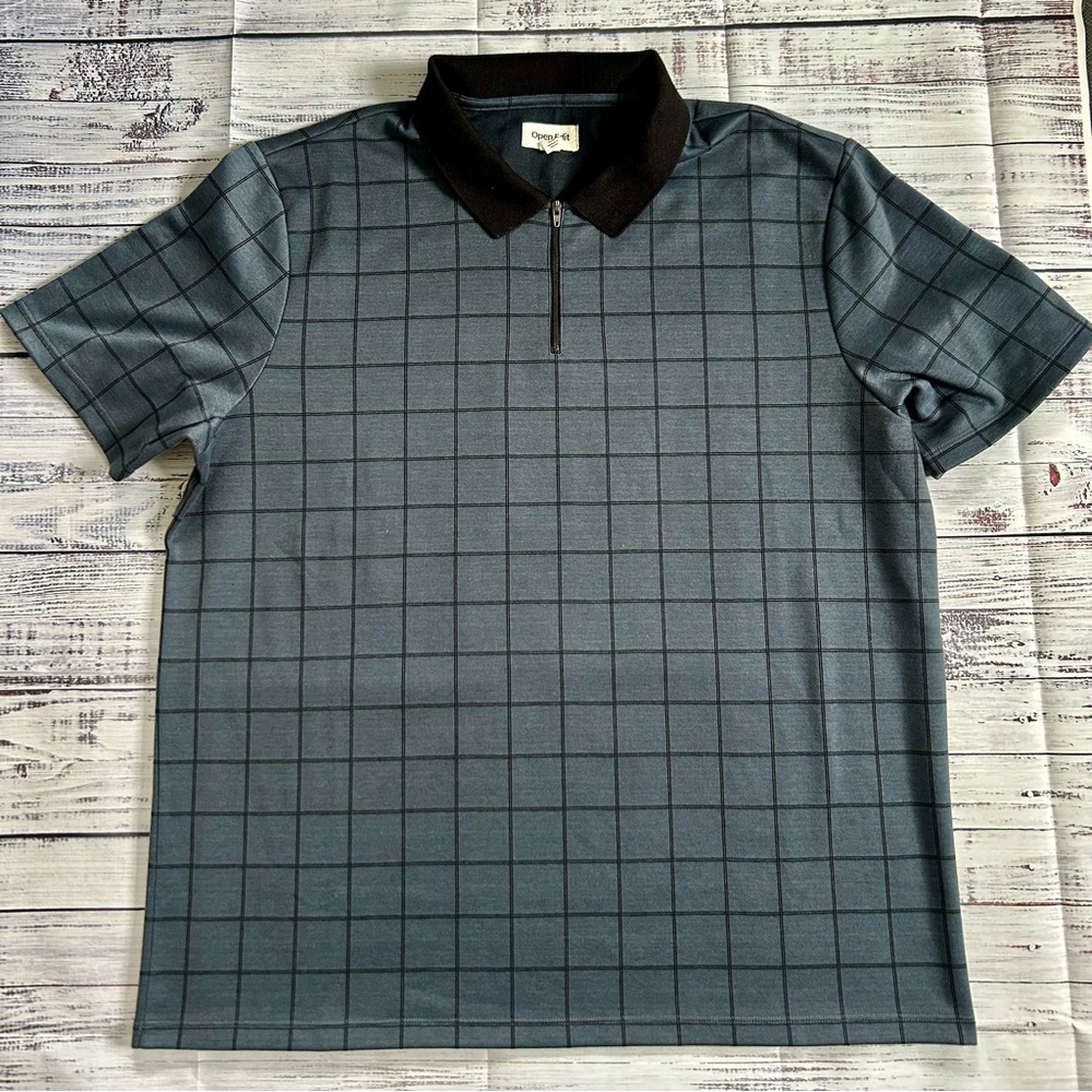Open Edit Polo Dark Gray‎ Black Grid Design Shirt